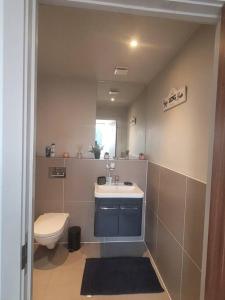 La salle de bains est pourvue de toilettes, d'un lavabo et d'un miroir. dans l'établissement Astral 1 BR Flat in London AS36, à Norbury