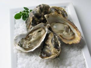 three oysters on a white plate with rice at Gite de bourg Pêni-Pênant in Pirou