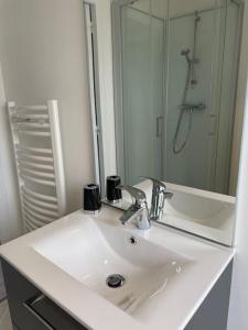 a bathroom with a white sink and a mirror at Maison spacieuse Pêni-Pênant in Pirou