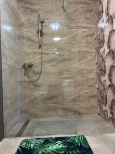 W łazience znajduje się prysznic ze szklanymi drzwiami. w obiekcie Spalskie Pokoje Gościnne w Spale