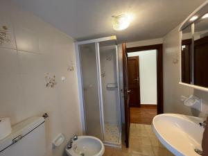a bathroom with a shower and a toilet and a sink at Villa Primula in Monti di Pino