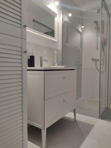 ein weißes Bad mit einem Waschbecken und einer Dusche in der Unterkunft Apartament przy Wieży in Toruń