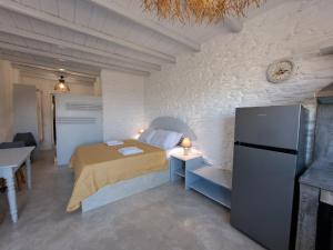 een kleine slaapkamer met een bed en een koelkast bij Richie's Sea View Romantic Residences in Ándros