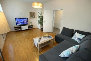 a living room with a couch and a tv at CAMPANELL - Das Ferienhaus im Blaufränkischland in Deutschkreutz