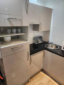 ロンドンにあるSouthwark & City Apt 3Bの白いキャビネットとシンクを備えた小さなキッチン
