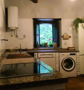 a kitchen with a sink and a washing machine at La Naranxa in Bárzana