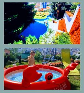 サンダンスキにあるGuest House Sofiaの赤い水面を持つプールの男
