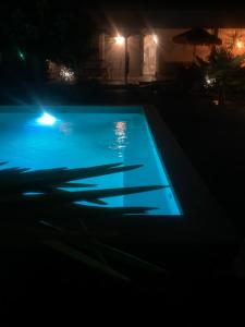 une piscine éclairée la nuit dans l'établissement Villa Zen avec 2 chats, à Grospierres