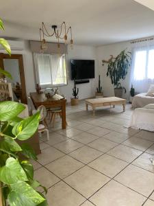 un salon avec un sol carrelé et une télévision dans l'établissement Villa Zen avec 2 chats, à Grospierres