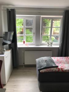 een slaapkamer met twee ramen en een bank en een bureau bij Helpens Hof in Salzhausen