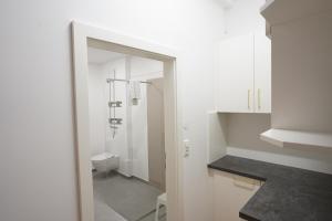 a white bathroom with a shower and a toilet at Athecada Apartments in Birkfeld