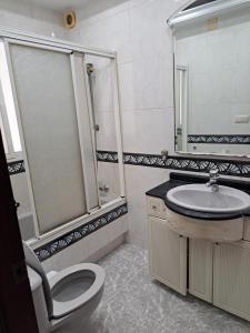 y baño con ducha, aseo y lavamanos. en Genial casa en centro, en Ceuta