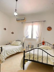 two beds in a bedroom with a window at Villa Elena in Midoun