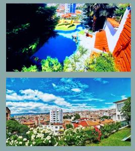 two different pictures of a city and a river at Guest House Sofia in Sandanski
