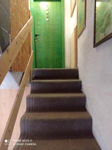 eine Treppe mit grüner Tür in einem Gebäude in der Unterkunft canton 520 camera matrimoniale e appartamento self check in in Livigno