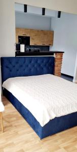 a bed with a blue headboard in a room at Apartamenty Lazurowy i Słoneczny in Jelenia Góra
