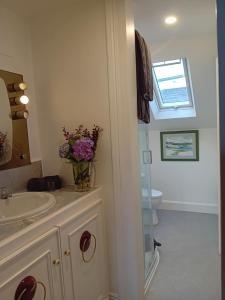 a bathroom with a sink and a toilet and a window at Paris Rooftop Studio at The Residence, Bantry in Bantry
