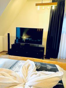 Domek Giewont في زاكوباني: غرفة نوم مع تلفزيون وسرير مع بطانية