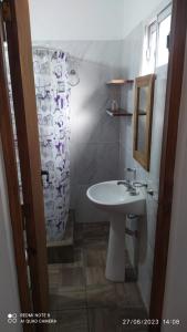 a bathroom with a sink and a shower curtain at Departamentos Rosales in Valeria del Mar