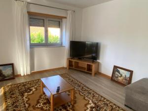 a living room with a flat screen tv and a coffee table at Vivenda Caixilão casa com 3 quartos in Viana do Castelo