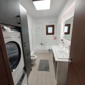 a bathroom with a toilet a sink and a washing machine at Volos Park Apartments in Volos +112 photos