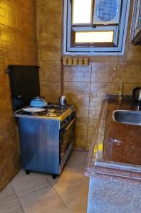 una pequeña cocina con fogones y fregadero en فيلا 110 قريه سلاح المهندسين en Alexandria