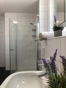 uma casa de banho com um lavatório e um chuveiro em Moderne Alpenblick Apartment em Friedrichshafen
