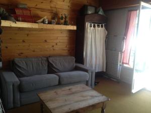 Una sala de estar con un sofá y una mesa de café. en Appartement AURON + Jardin, en Saint-Étienne-de-Tinée