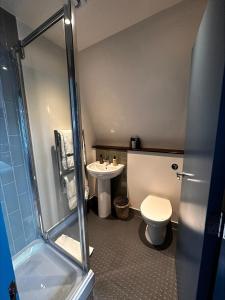 a bathroom with a shower and a toilet and a sink at The Crown Rooms in London