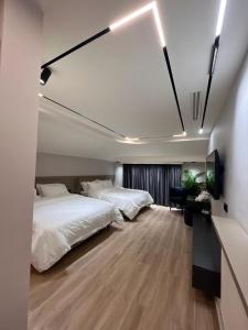 1 dormitorio con 2 camas, escritorio y TV en Aley Suites, en Aley