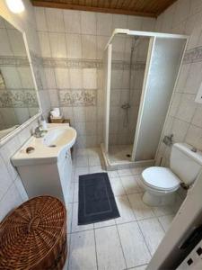 ein Bad mit einem WC, einem Waschbecken und einer Dusche in der Unterkunft Villa Penelope in Korfu-Stadt