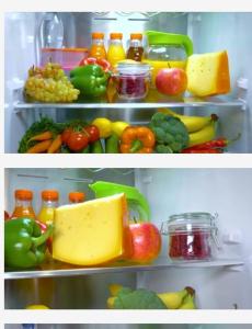 dos fotos de un refrigerador lleno de frutas y verduras en The Perfect Casa De Vacaciones en Manila