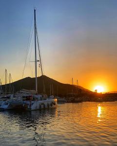 a sail boat docked in a marina at sunset at White Sand affittacamere in La Caletta