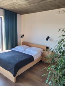 a bedroom with a bed and a potted plant at Loft 66 Apartamenty in Władysławowo