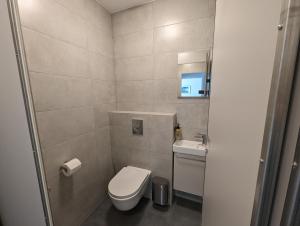 a small bathroom with a toilet and a sink at The Ísafjörður Inn in Ísafjörður