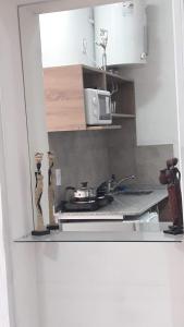 a kitchen with a stove and a microwave at Departamentos Junin in San Fernando del Valle de Catamarca