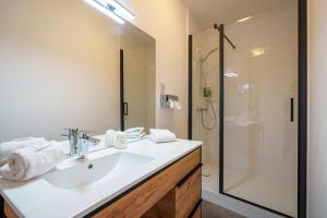 a bathroom with a sink and a shower at Hotel Val De Loire in Azay-le-Rideau