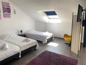 a bedroom with two beds and a skylight at The garden house & aloès bien-être spa in Vierzon