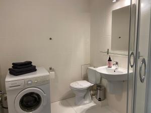 a white bathroom with a washing machine and a sink at Komfortowe mieszkanie w samym centrum. in Olsztyn