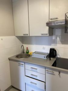 a small kitchen with a sink and a counter top at Komfortowe mieszkanie w samym centrum. in Olsztyn
