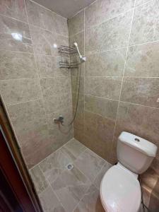 a bathroom with a toilet and a shower at أوزونغول Uzongol Fotinos Wooden Cottage Two Bedroom in Çaykara
