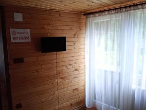 a room with a television and a window with a curtain at La Malul Arieșului in Gîrda de Sus