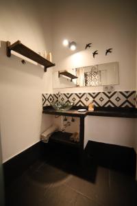 a bathroom with a sink and birds on the wall at Centro Tranquilo DOS BAÑOS DOS PATIOS in Gijón
