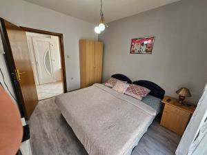 a small bedroom with a bed and a door at Apartman Aleks in Banja Koviljača