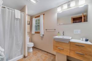 een badkamer met een wastafel, een toilet en een spiegel bij Cottage Living in Beulah +28 foto's