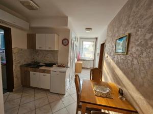 a kitchen and dining room with a table and a refrigerator at Apartman Aleks in Banja Koviljača