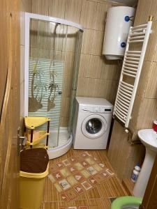 uma pequena casa de banho com uma máquina de lavar roupa e um lavatório em Ferienwohnung Violetta em Băile Herculane
