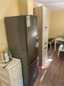 uma cozinha com um frigorífico de aço inoxidável e um micro-ondas em Ferienwohnung Violetta em Băile Herculane