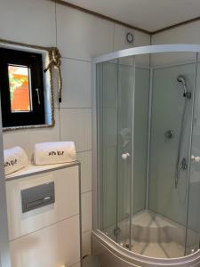 a bathroom with a glass shower and a sink at GooseHaus in Gąski