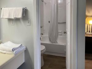 ein weißes Bad mit einem WC und einer Badewanne in der Unterkunft Suites Wytheville VA in Wytheville